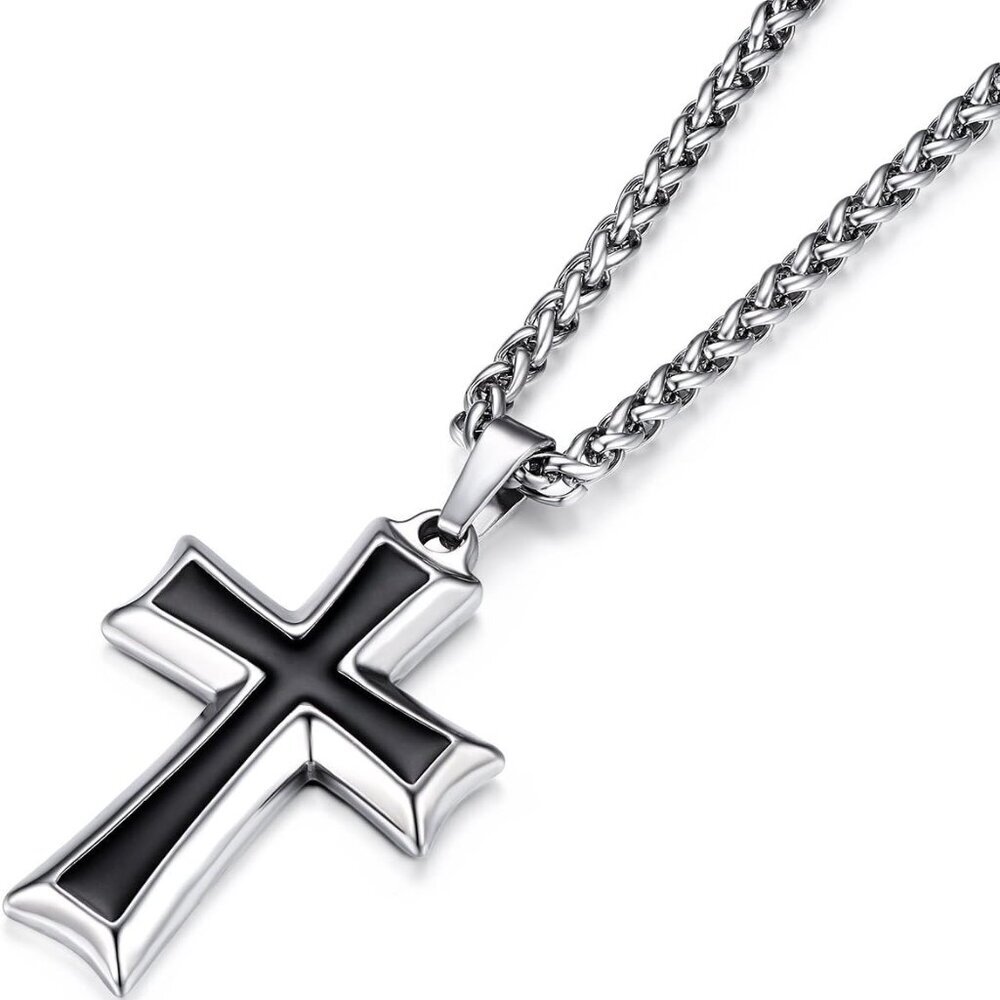 Mens Stainless Steel Cross Pendant Necklace with Wheat Chain